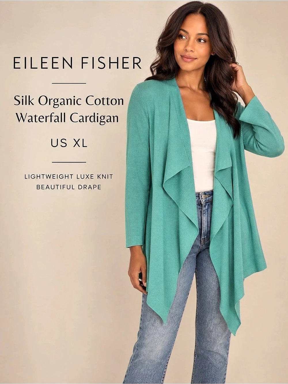 Eileen Fisher Silk Organic Cotton Waterfall Draped Cardigan Aqua XL